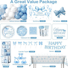 cocomigo 288 PCS Blue Bow Birthday Decorations, Hassle-Free One-Stop Set for 25
