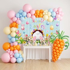 Happy Easter Banner Backdrop Blue Wooden Doors Easter Bunny Photo Backdrop Backg