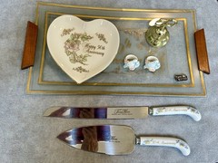 Vintage 1986 7-Piece 50th Golden Wedding Anniversary Memorabilia & Serving Set