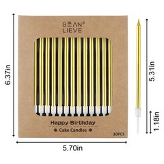 BEAN LIEVE 30-Count Gold Long Thin Metallic Birthday Candles, Cake