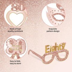 24PCS 80th Birthday Eyeglasses Decorations for Women, Pink Rose Gold Happy 80…