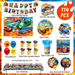 114 Pcs Hot Wheels Party Decorations Car Party Supplies Balloons Tableware Cups