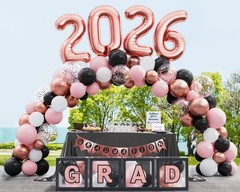 2026 Graduation Party Decorations – 86PCS Black & Pink Balloon Arch Kit, LED Lig
