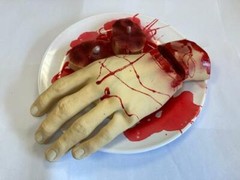 Halloween Prop Severed Hand on a Plate Decoration Zombie Gore Fingers Chop Shop