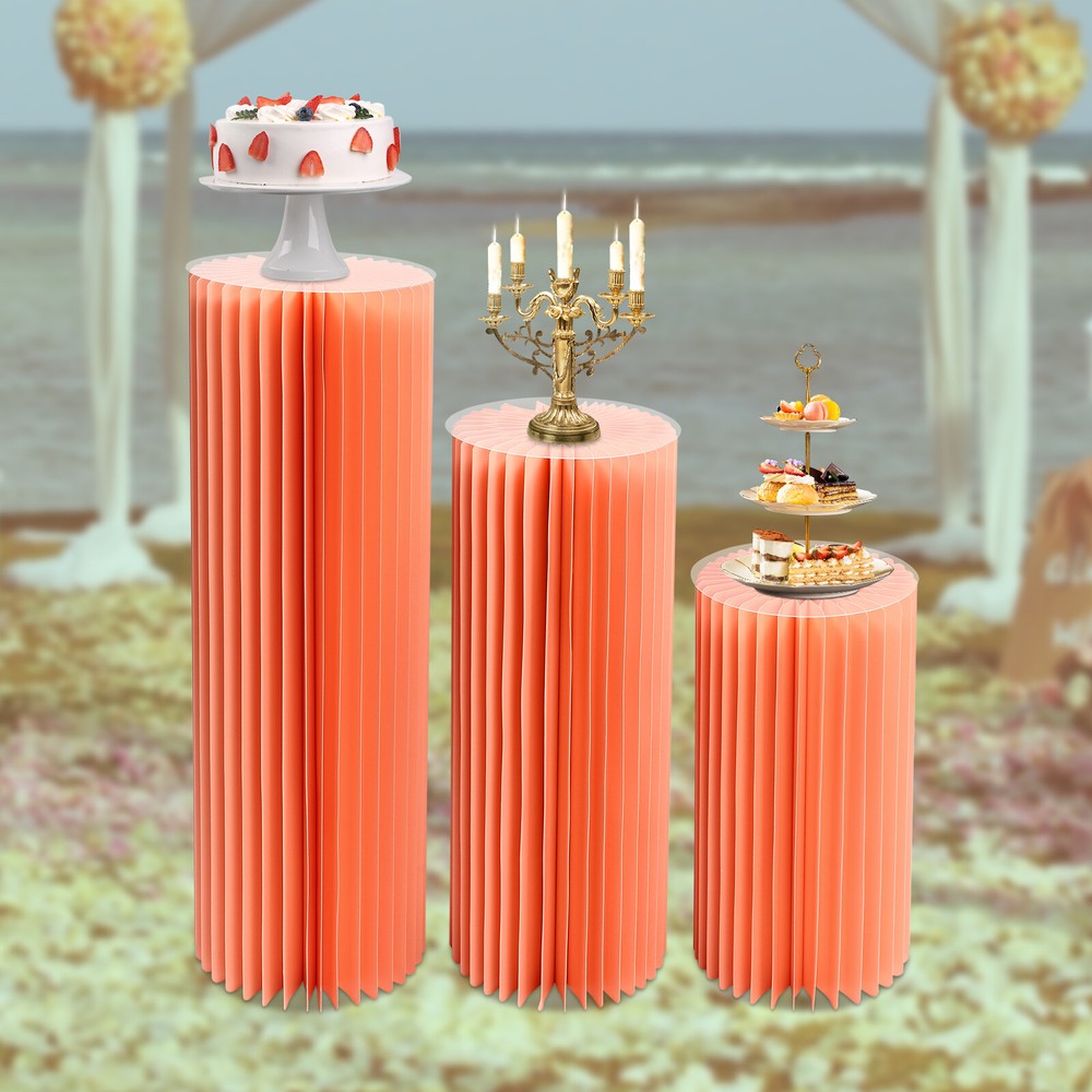 3PCS Thickened Paper& PVC Pink Foldable Paper Columns Display Pedestals Stands