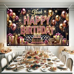 Happy Birthday Backdrop Banner for Women Girls 5.92 ft x 3.58 ft, Gold Pink
