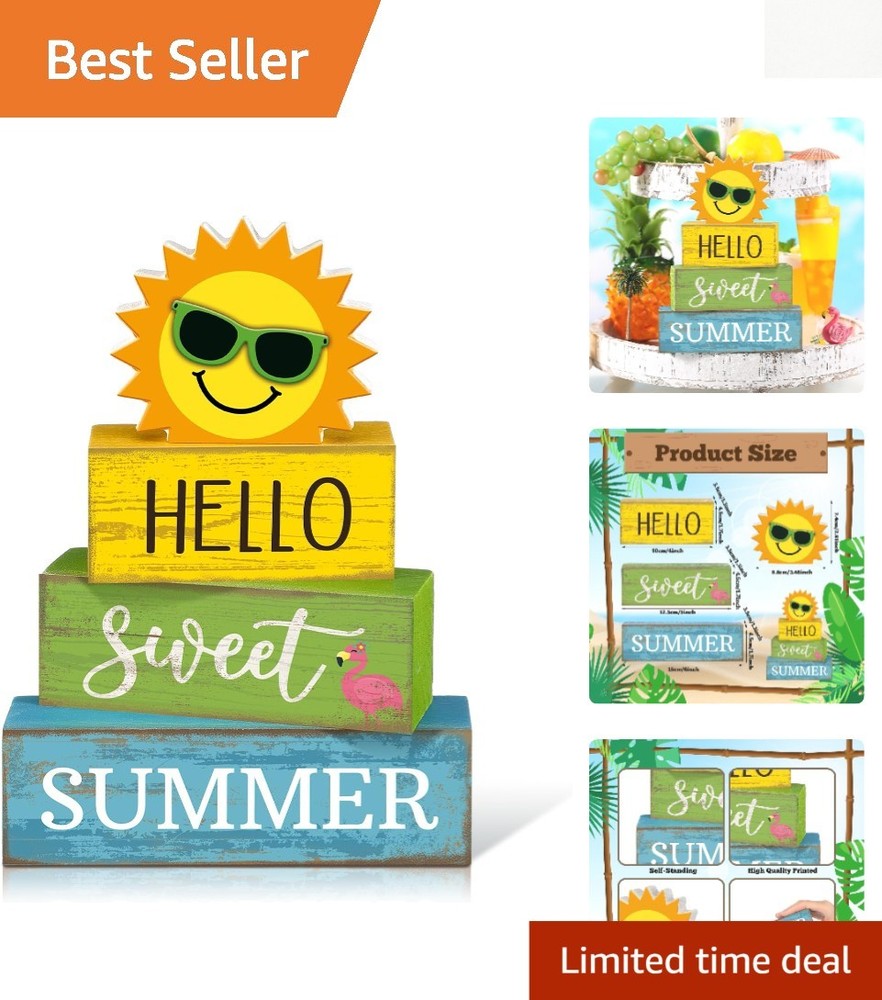 Hello Summer Tiered Tray Decor – 4 Rustic Wooden Centerpieces for Festivities