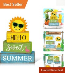 Hello Summer Tiered Tray Decor – 4 Rustic Wooden Centerpieces for Festivities