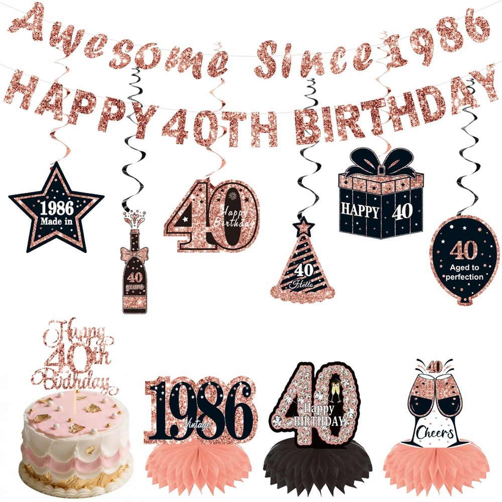 12 Pcs 40th Birthday Decorations for Women Her,Black Rose Black and Gold