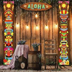 Lightweight Tiki Mask & Hibiscus Banner Set for Beach Parties – 2 Count, 71″x12″