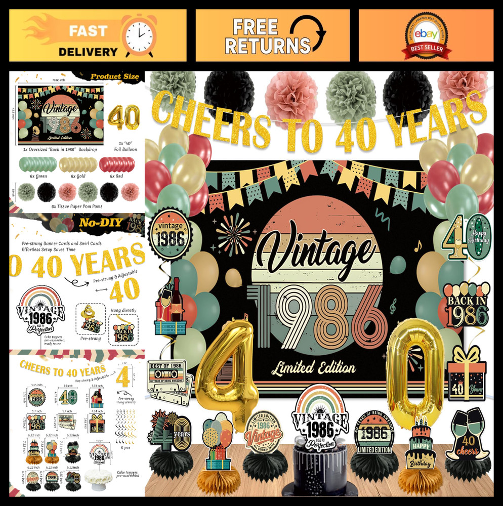 40th Birthday Party Decorations Set – Vintage 1986 Banner, Balloons, Cake Topper