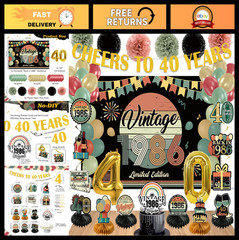 40th Birthday Party Decorations Set – Vintage 1986 Banner, Balloons, Cake Topper