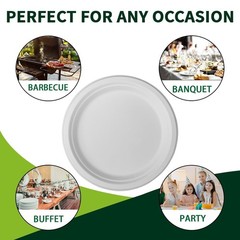 7 Inch Compostable Paper Plates 【White 150 Pack】, 100% Sugarcane B