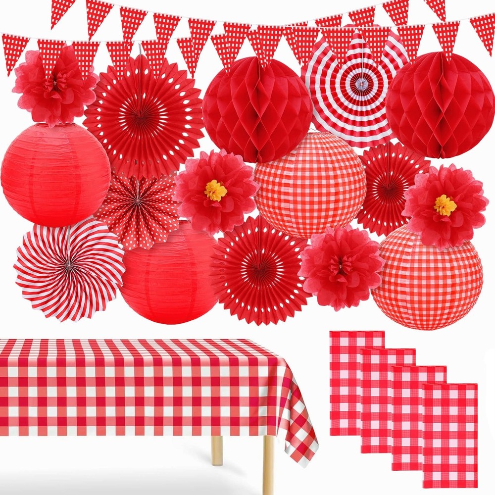 22 Pcs Red Gingham Party Supplies, and White Decorations Include Hanging Paper