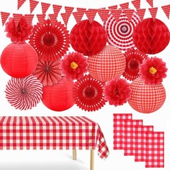 22 Pcs Red Gingham Party Supplies, and White Decorations Include Hanging Paper