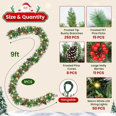 Christmas Garland, 9Ft Christmas Garland with Lights & Timer, 50LED Waterproof
