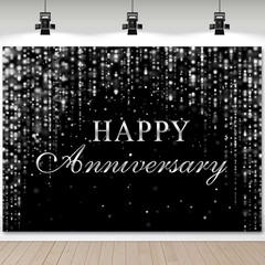Happy Anniversary Backdrop Black Silver Glitter Marriage Wedding Party