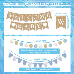 Baby Shower Decorations Kit, Welcome Baby Banner with Dusty Blue Paper Lanterns,