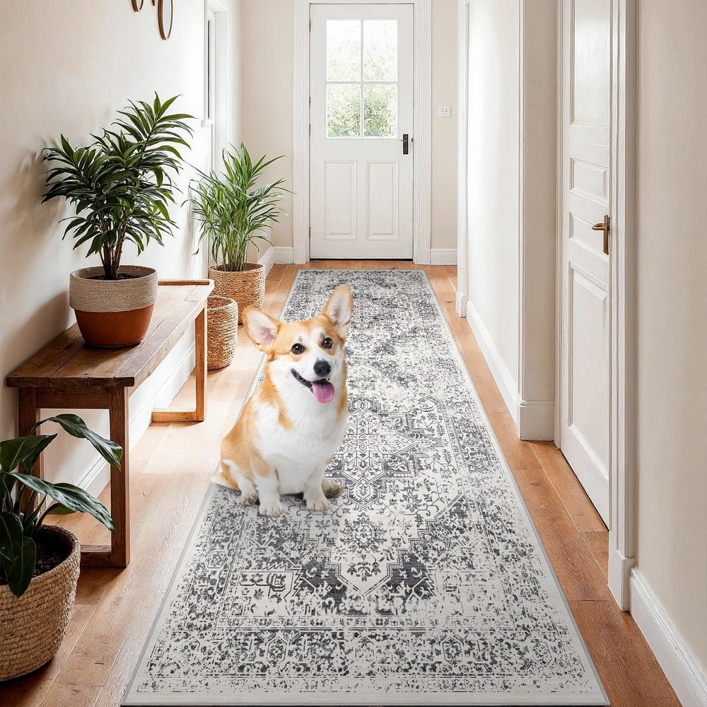 2×8 Washable Hallway Runner Rug – Vintage Kitchen 2×8, Distressed Grey