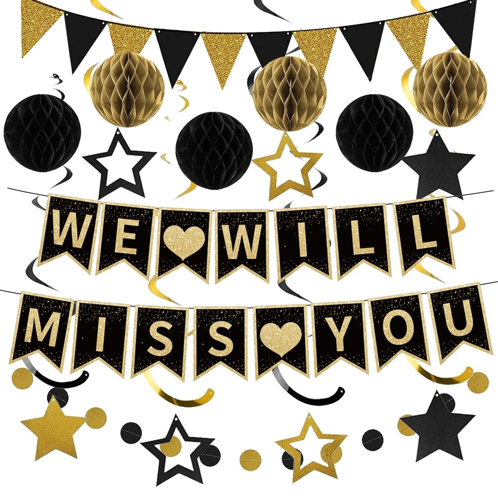 Farewell Party Decorations, Black Gold We Will Miss You Banner Hanging Swirls…