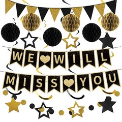 Farewell Party Decorations, Black Gold We Will Miss You Banner Hanging Swirls…