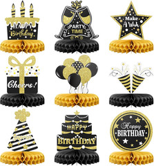 Happy Birthday Table Decoration Centerpieces – 9 Pieces, Black & Gold – Double-S