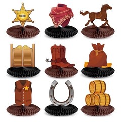 9 Pc Cowboy Western Party Decorations Paper Honeycomb Centerpieces NEW