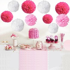 12 PCS Hot Pink White Tissue Paper Pom Poms Flowers Wedding Party Decoration