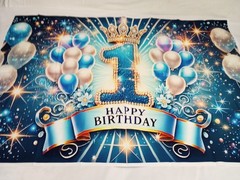 Blue 1st Birthday Backdrop Prince King Crown Balloons Photo Background Decor 5×3