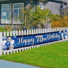 75th Birthday Decorations – Blue & Silver Balloon Backdrop Banner, Party Supplie