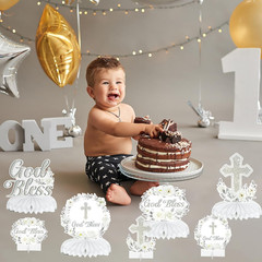 God Bless Honeycomb Centerpieces, 12Pcs Baptism Table Decorations | White Sliver
