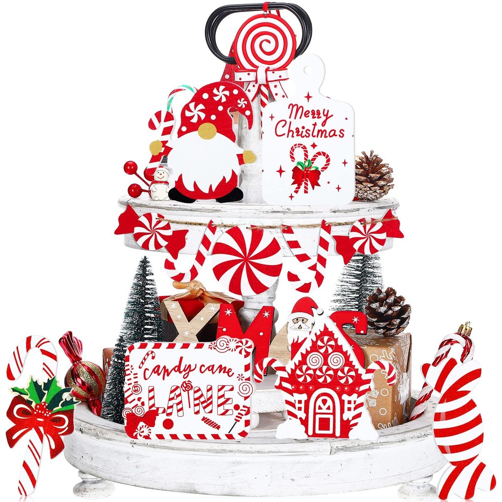 12 Pieces Christmas Tiered Tray Decor Christmas Candy Cane Table Decor Merry …
