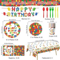 177 Pcs Building Block Birthday Party Supplies, Colorful Plates, Napkins, Cups,