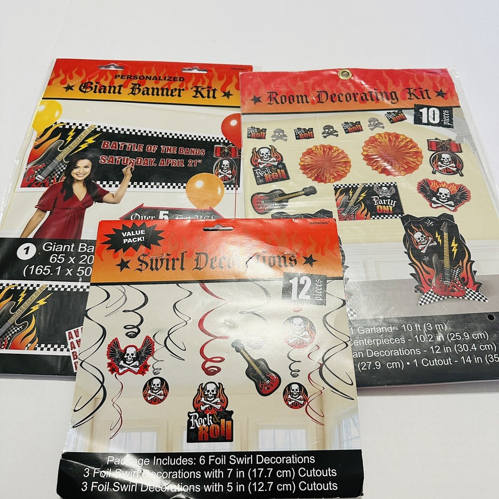 Rock & Roll Birthday Decorations, Banner Kit- Heavy metal Skull & Crossbones