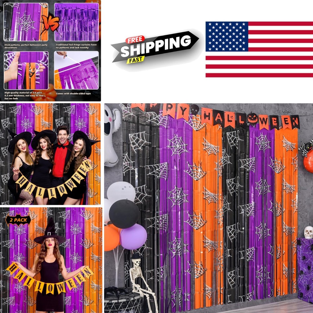 Halloween Tinsel Backdrop Curtains 3.3 X 6.6 Ft Orange Purple Black Streamers