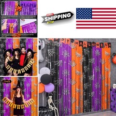 Halloween Tinsel Backdrop Curtains 3.3 X 6.6 Ft Orange Purple Black Streamers