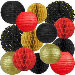 14 Pack Red Black Gold Party Decorations Kit, Hanging Paper Lanterns & Fans for