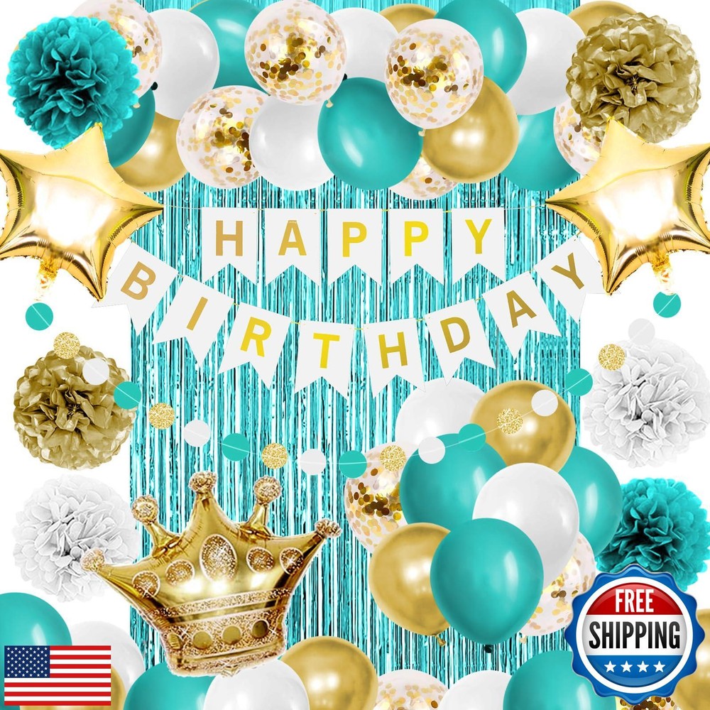 Iysoll Teal Blue and Gold Birthday Party Decorations Happy Birthday Banner Tu