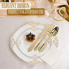 350PCS Gold and White Plastic Plates, Gold Plastic Dinnerware Sets for 50 Gue…