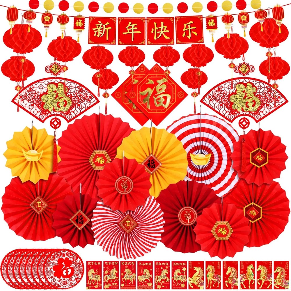 63PCS Chinese New Year Party Decorations Set, Red Oriental Hanging Decor