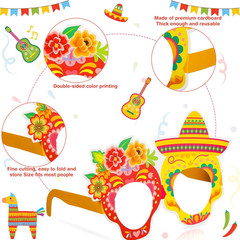 32 Pcs Mexican Fiesta Party Decorations Paper Eyeglasses Taco Cactus Pinata Cinc
