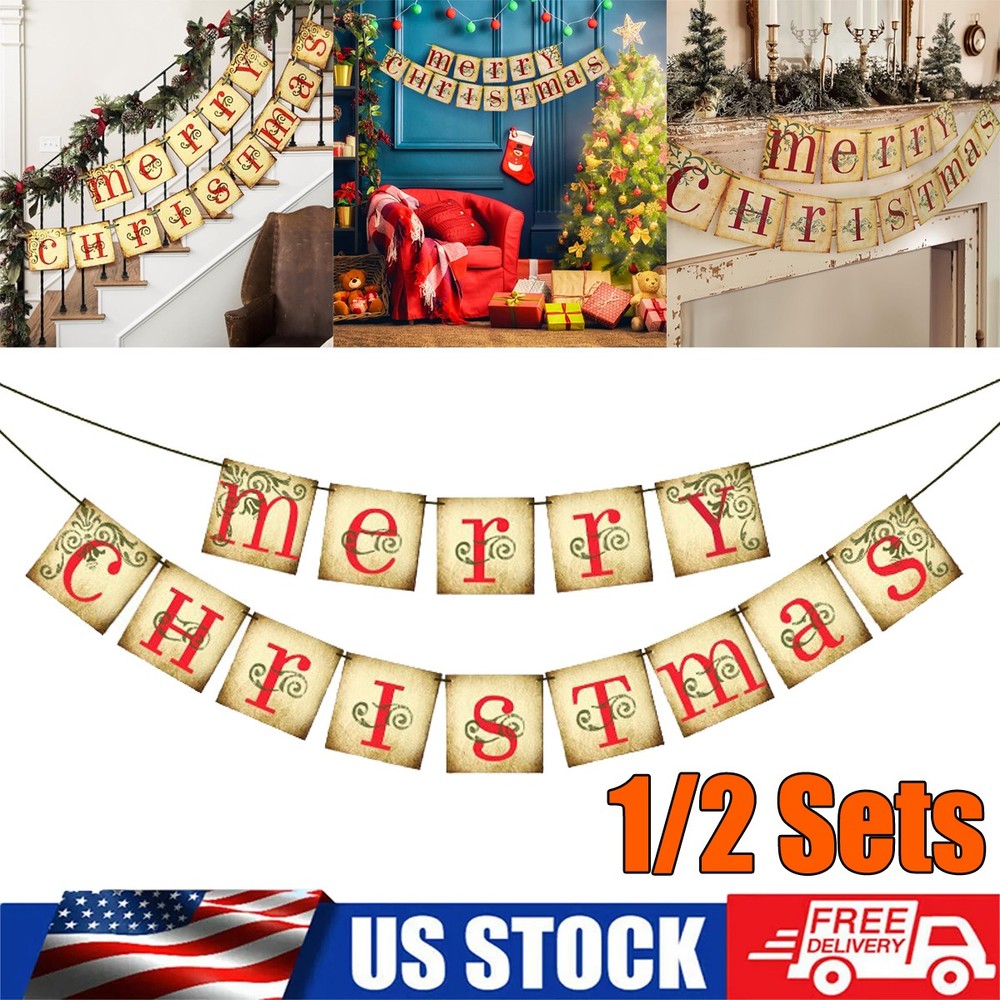 2x Vintage Merry Christmas Banner Home Xmas Party Fireplace Decorated & Bunting