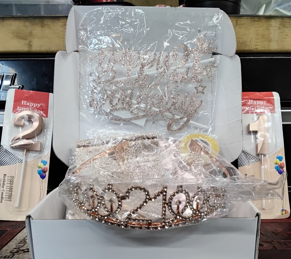 21ST BIRTHDAY CELEBRATION KIT W/ SASH, TIARA, CANDLES, BALLOON, AND CAKE TOPPER!