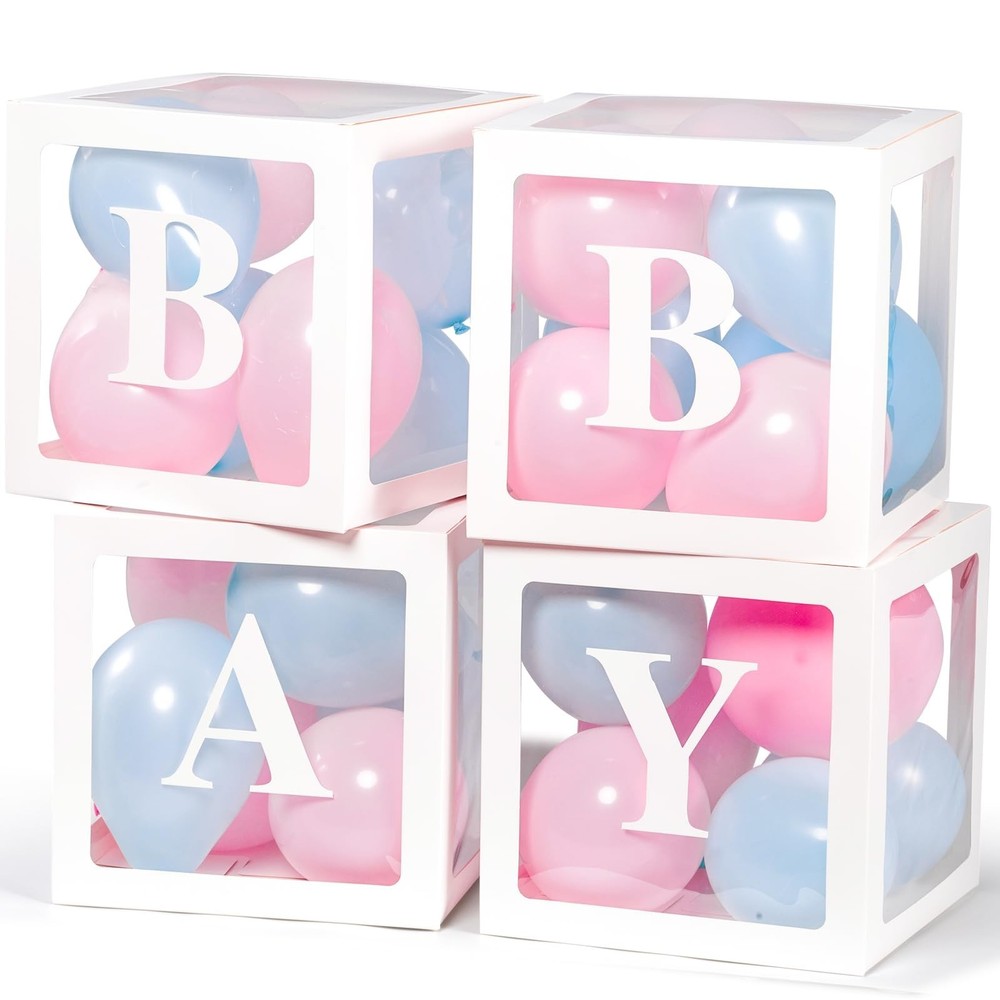 Baby Balloon Boxes with Letters – 4 Pack Transparent Decorative Boxes for Baby S