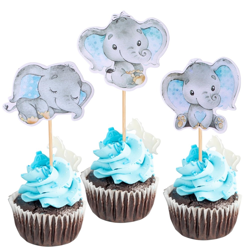 36 Elephant Theme Blue Cupcake Toppers Baby Shower Decorations For Boy