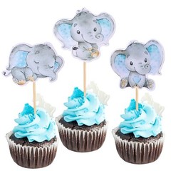 36 Elephant Theme Blue Cupcake Toppers Baby Shower Decorations For Boy