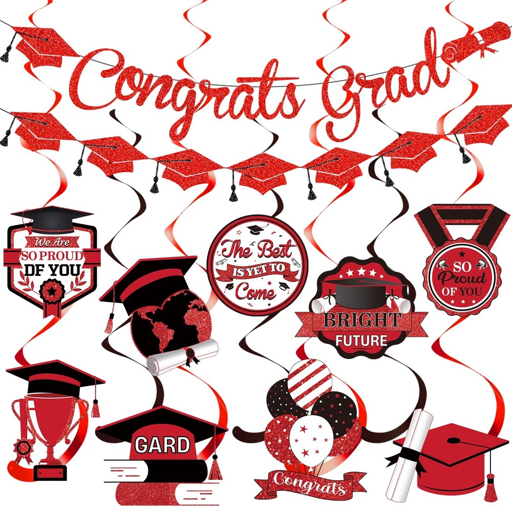 Congrats Grad Banner Graduation Party Decorations Class of 2025 Red Glitter blue