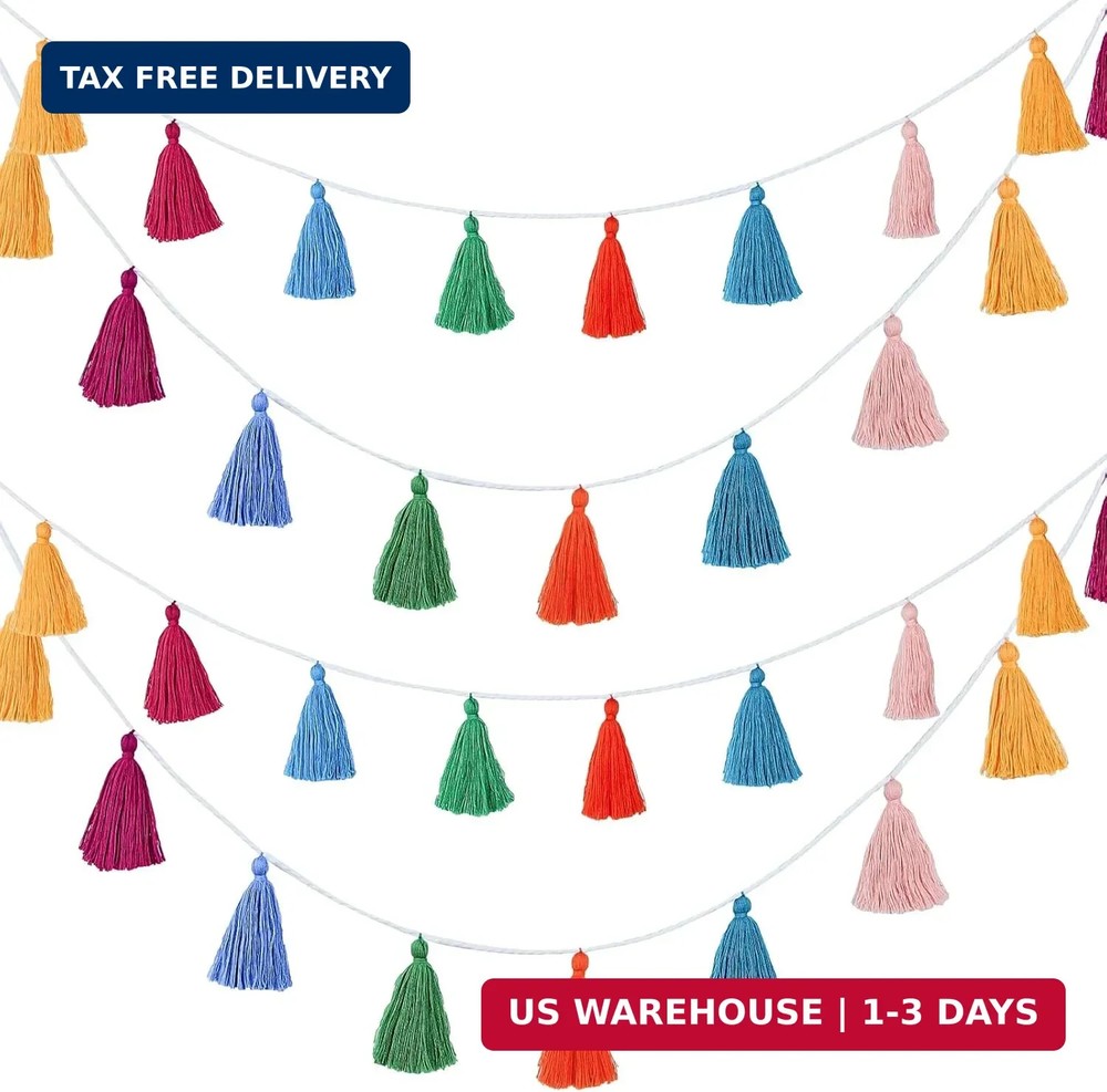4 Pcs Rainbow Tassel Garland Party Decor, Colorful Boho Wall Hanging Banner for