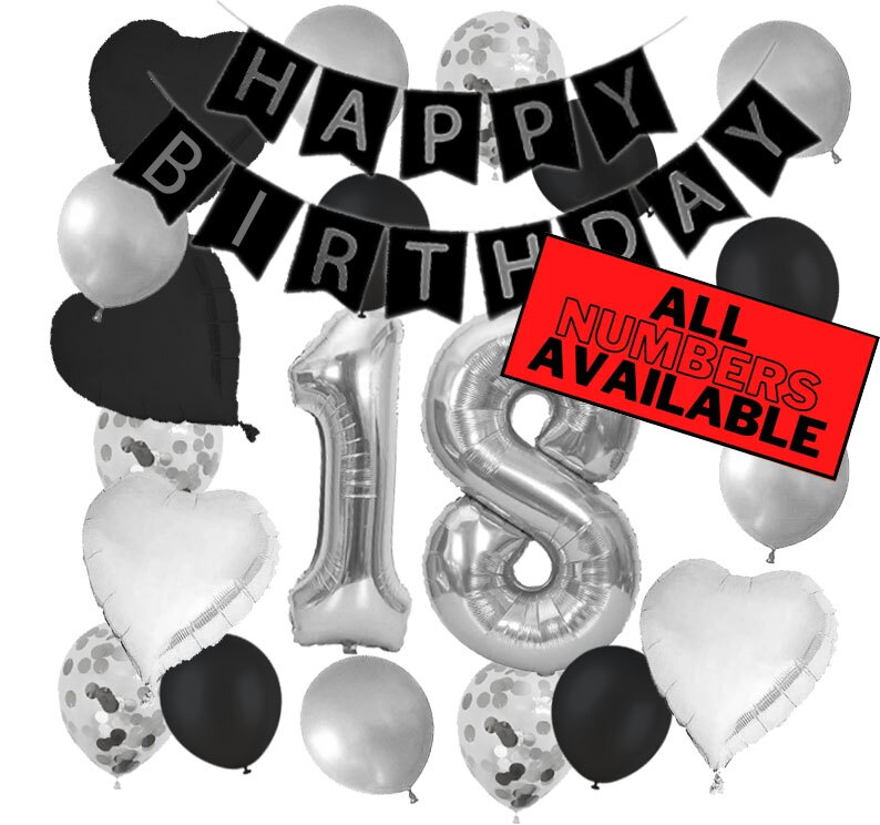 18th Birthday Decorations – Silver and Black Theme – Balloons, Banner – Him Her