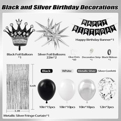 Black Birthday Decorations for Men with White and silver Black, Silver